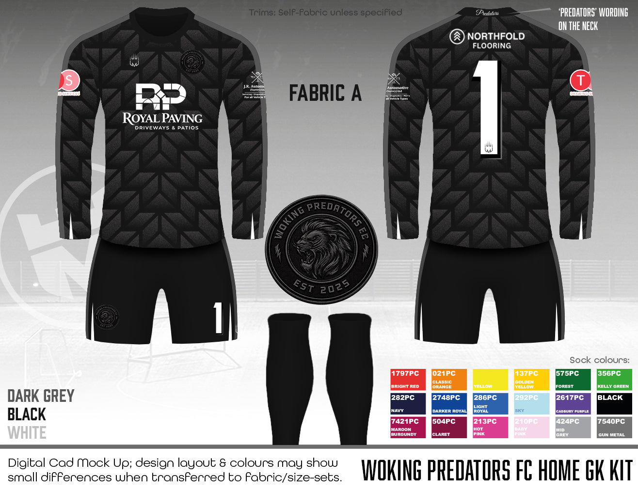 Woking Predators FC - GK kit (Dark Grey) - Fabric A